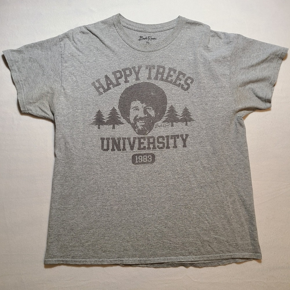 Bob Ross Happy Trees University Gray Graphic T-Shirt Mens XL Short Sleeve Tee